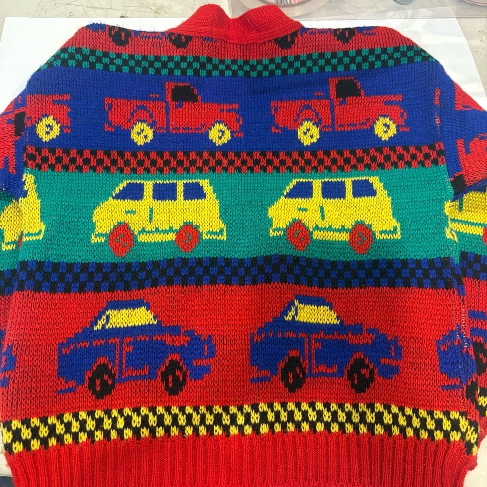 Vintage 90s Colorblock Car‎ Truck Van Novelty Knit Cardigan Sweater Kids Size